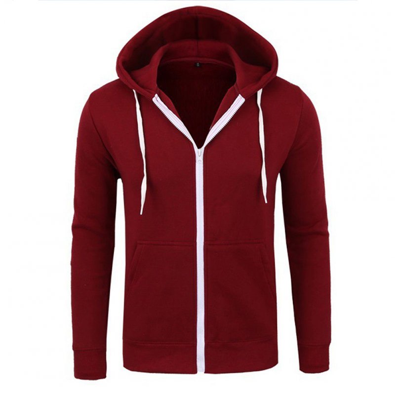 Men Warm Solid Color Zipper Slim Fleeced Hooded Sweatshirt wine red _XL