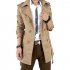 Men Windbreaker Long Fashion Jacket with Double breasted Buttons Lapel Collar Coat Khaki XL