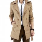 Men Windbreaker Long Fashion Jacket with Double breasted Buttons Lapel Collar Coat Khaki XL