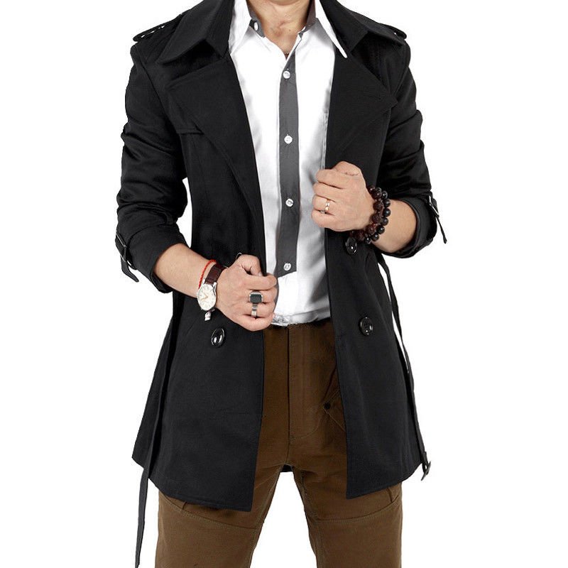 Men Windbreaker Long Fashion Jacket with Double-breasted Buttons Lapel Collar Coat black_L