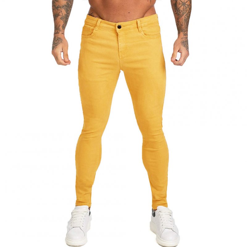 Men Winter Jeans Middle Waist Trousers Pants for Autumn Winter  Yellow_M