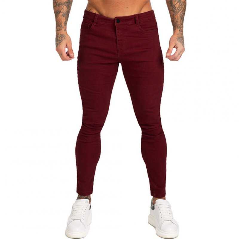 Men Winter Jeans Middle Waist Trousers Pants for Autumn Winter  Wine red_L