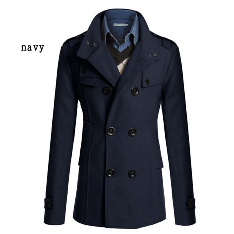 Men Winter Warm Trench Coat Reefer Jackets Solid Color Stand Collar Double Breasted Peacoat Navy blue_2XL