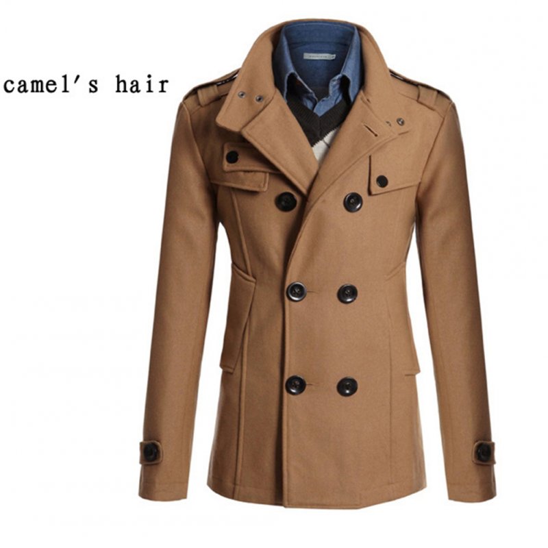 Men Winter Warm Trench Coat Reefer Jackets Solid Color Stand Collar Double Breasted Peacoat Camel_2XL