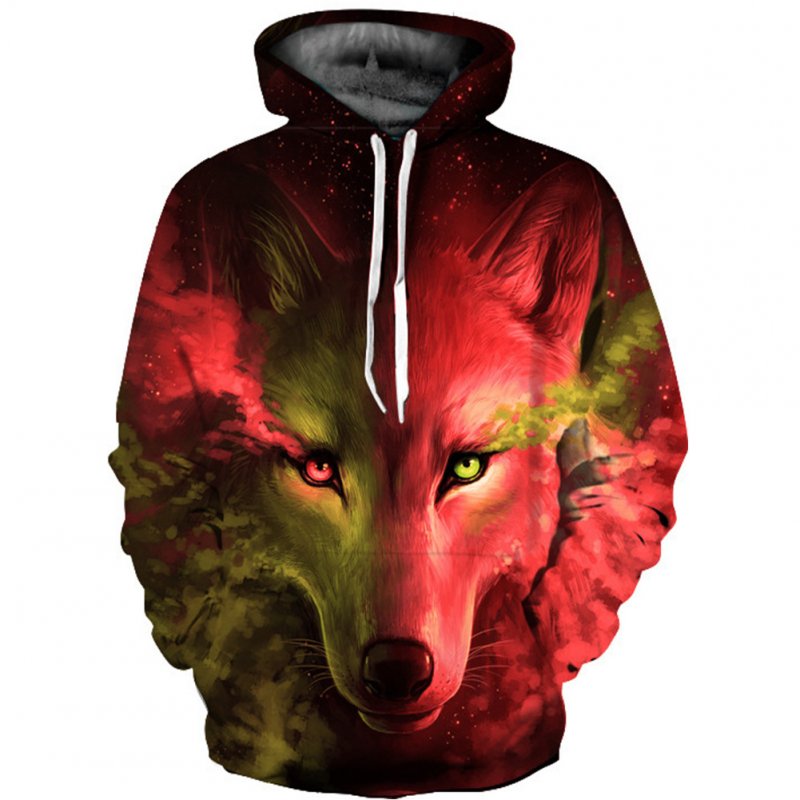 Men Women 3D Wolf Pattern Printing Hooded Sweatshirt Two-color wolf red_XL