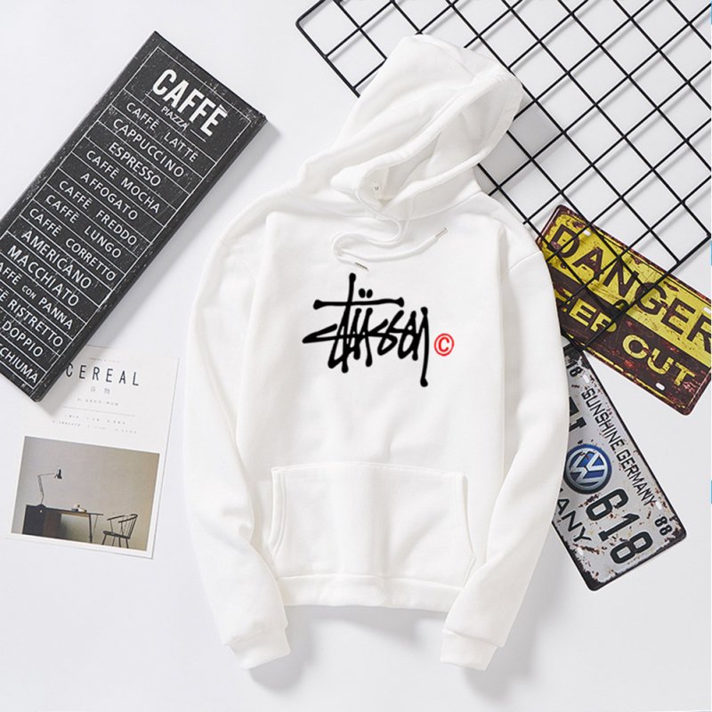 Men Women Autumn Winter Hooded Loose Printing All Match Fleece Sweatshirts Top for Students white_M