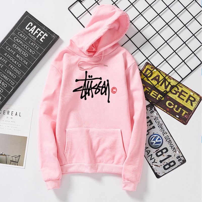 Men Women Autumn Winter Hooded Loose Printing All Match Fleece Sweatshirts Top for Students Pink_L
