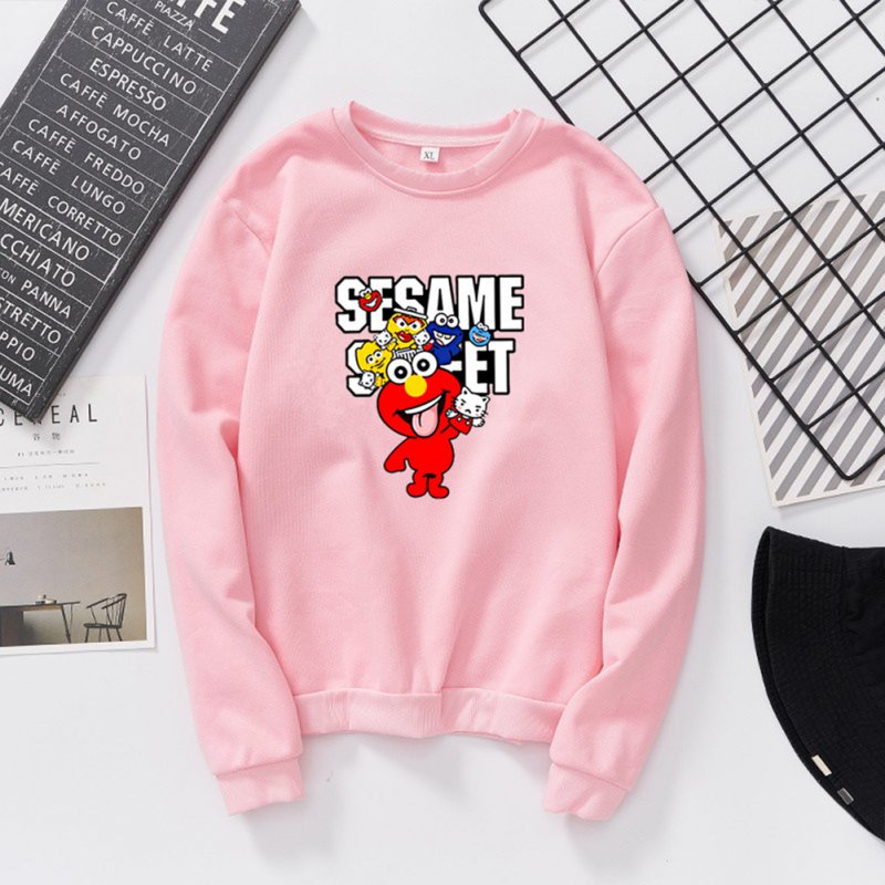 Men Women Cartoon Printing Round Neck Pullover Fleece Sweatshirts Pink_S