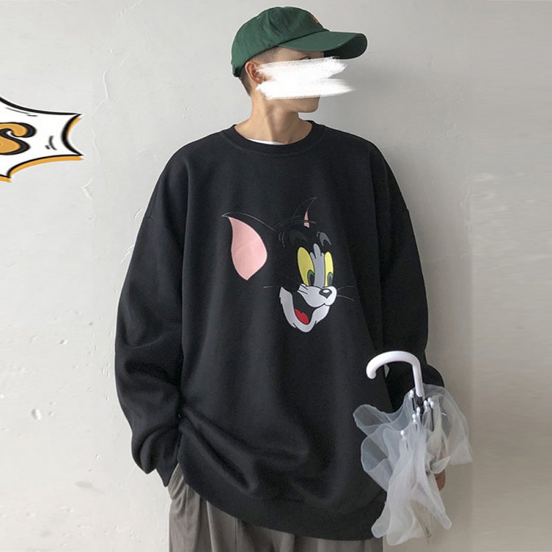 Men Women Cartoon Sweatshirt Tom and Jerry Crew Neck Printing Loose Pullover Tops Black_L