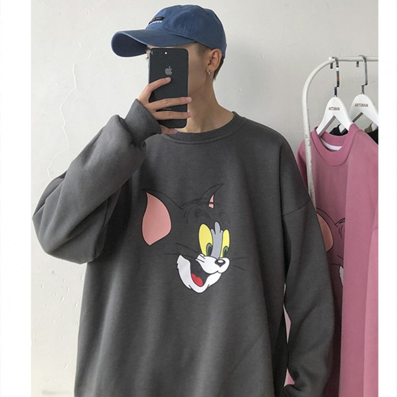 Men Women Cartoon Sweatshirt Tom and Jerry Crew Neck Printing Loose Pullover Tops Dark gray_XXL