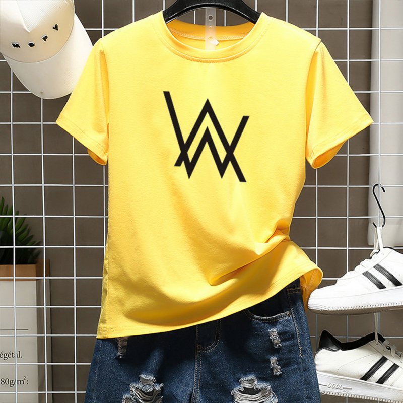 Men Women Couple Fashion Letter Printing Round Neck Short Sleeve T-Shirt  yellow_XXL