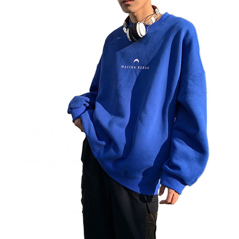 Men Women Crew Neck Sweatshirt Moon Letter Printing Solid Color Loose Fashion Pullover Tops Blue_XXXL