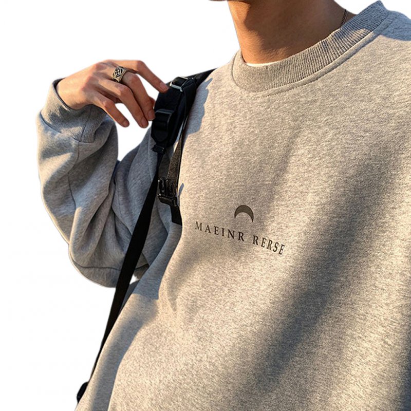 Men Women Crew Neck Sweatshirt Moon Letter Printing Solid Color Loose Fashion Pullover Tops Light gray_XXL
