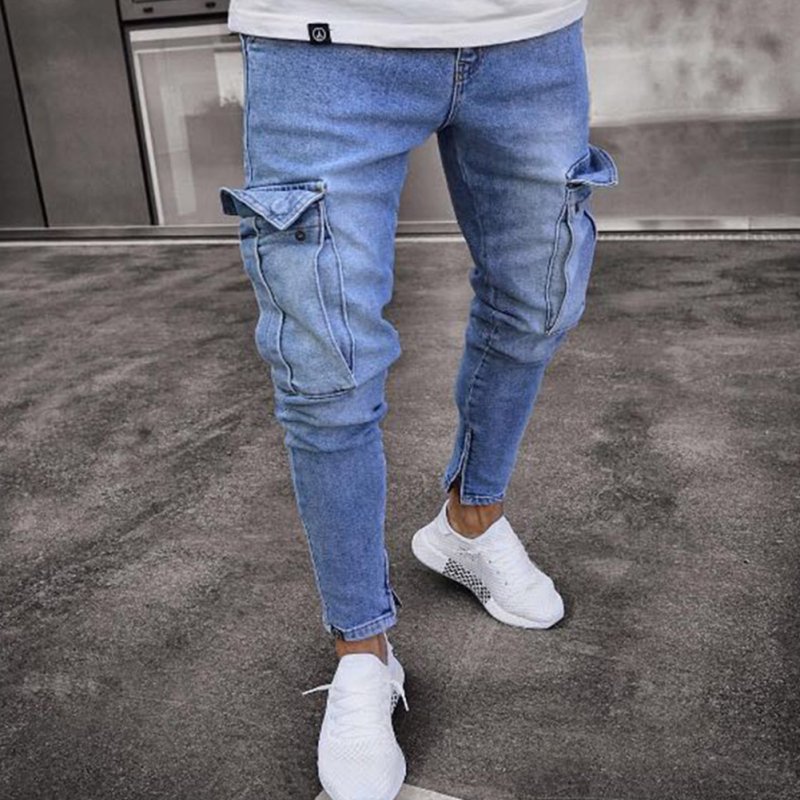 Men Women Fashion Elastic Zipper Broken Hole Jeans Pencil Pants Light blue_XXL