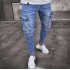 Men Women Fashion Elastic Zipper Broken Hole Jeans Pencil Pants Nostalgic blue XXL