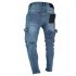 Men Women Fashion Elastic Zipper Broken Hole Jeans Pencil Pants Light blue XXL
