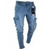 Men Women Fashion Elastic Zipper Broken Hole Jeans Pencil Pants Nostalgic blue XXXL