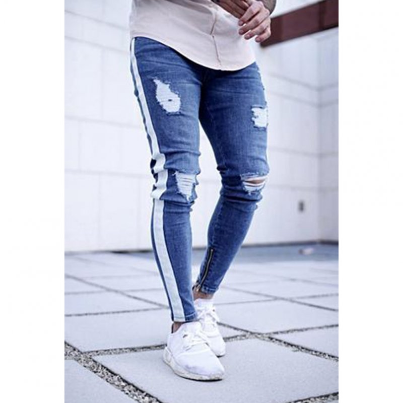 Men Women Fashion Zipper Splicing Broken Hole Jeans Pants Light blue_XXL