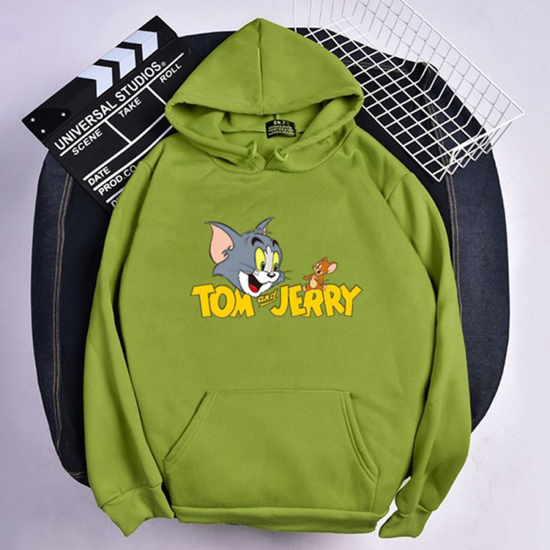 Men Women Hoodie Sweatshirt Tom and Jerry Cartoon Thicken Loose Autumn Winter Pullover Tops Green_L