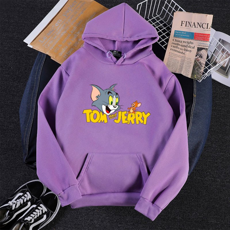 Men Women Hoodie Sweatshirt Tom and Jerry Cartoon Thicken Loose Autumn Winter Pullover Tops Purple_XXL