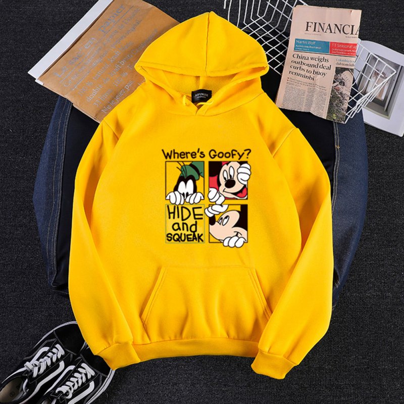 Men Women Hoodie Sweatshirt Cartoon Micky Mouse Thicken Autumn Winter Loose Pullover Yellow_M