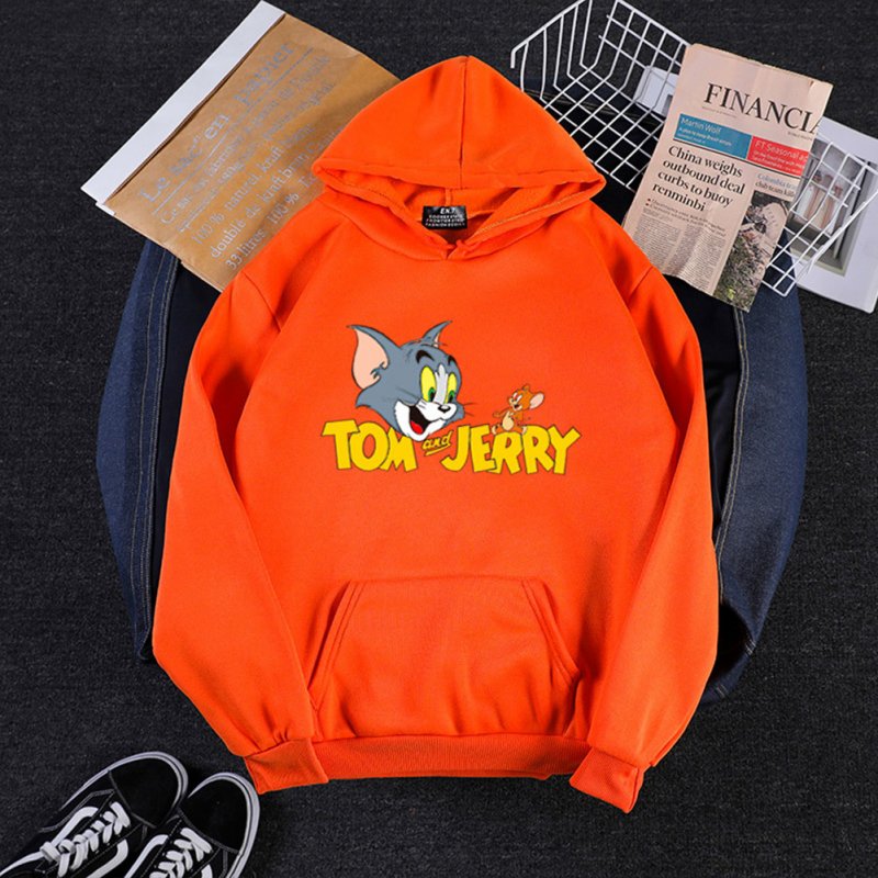 Men Women Hoodie Sweatshirt Tom and Jerry Cartoon Thicken Loose Autumn Winter Pullover Tops Orange_XXXL