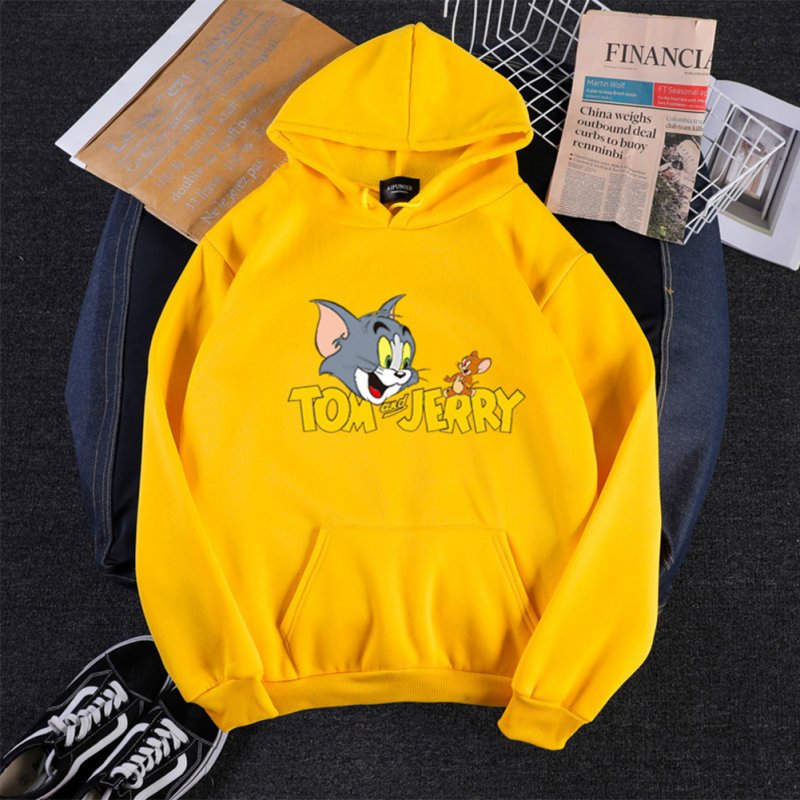 Men Women Hoodie Sweatshirt Tom and Jerry Cartoon Thicken Loose Autumn Winter Pullover Tops Yellow_L