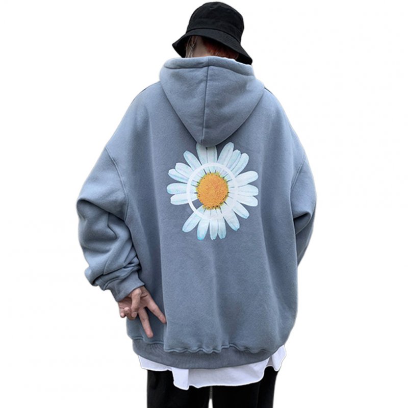 Men Women Hoodie Sweatshirt Chrysanthemum Printing Simple Unisex Pullover Tops Blue_M
