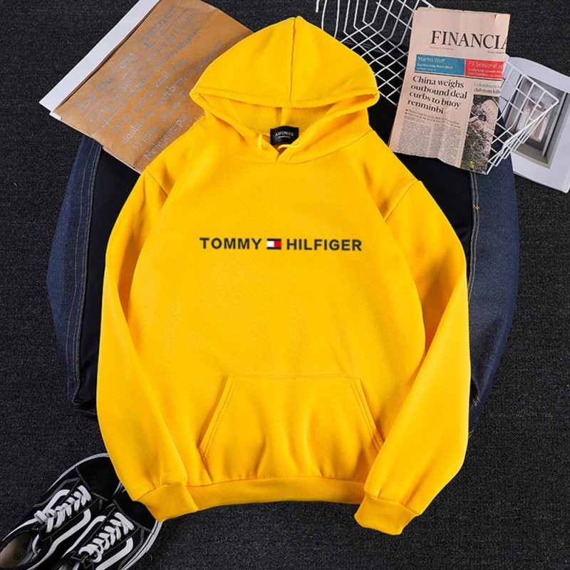 Men Women Hoodie Sweatshirt Printing Letters Thicken Velvet Loose Fashion Pullover Yellow_L
