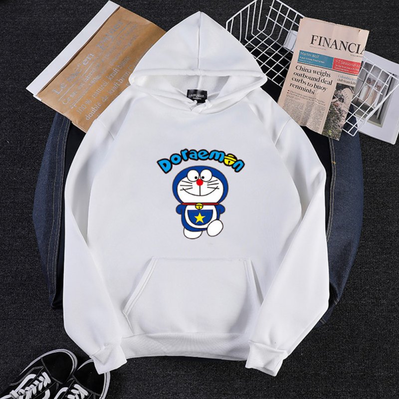 Men Women Hoodie Sweatshirt Doraemon Cartoon Loose Thicken Autumn Winter Pullover Tops White_M