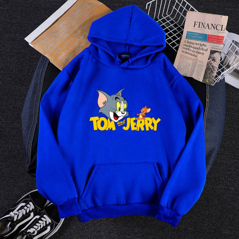 Men Women Hoodie Sweatshirt Thicken Velvet Tom and Jerry Loose Autumn Winter Pullover Tops Blue_XXXL