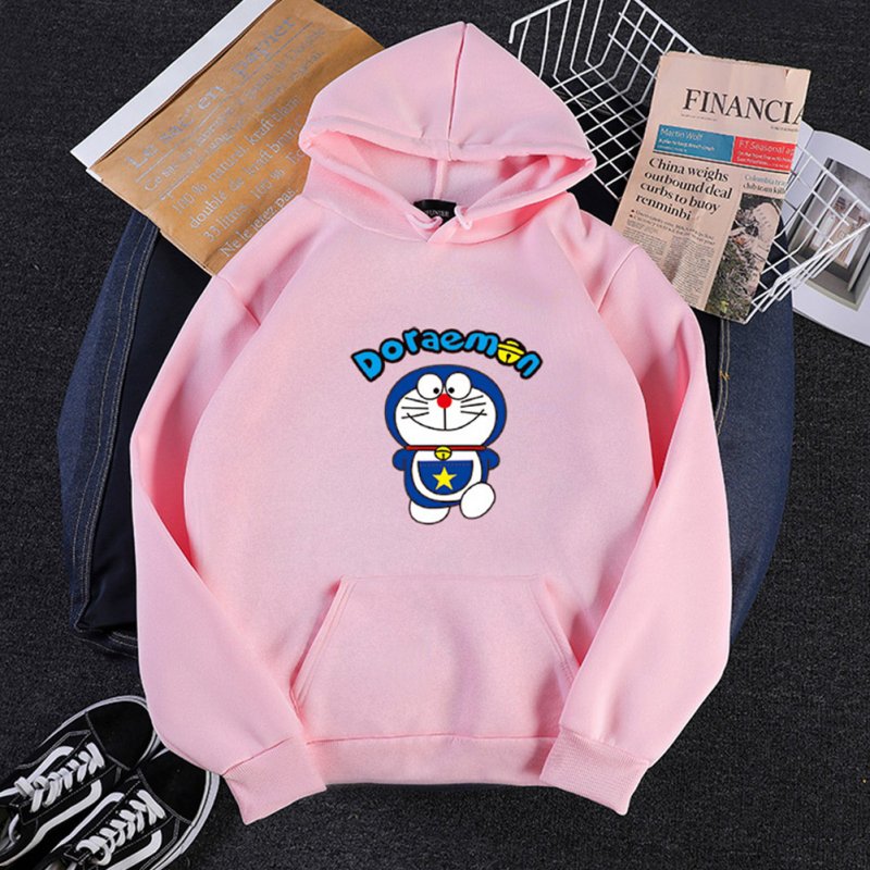 Men Women Hoodie Sweatshirt Doraemon Cartoon Thicken Loose Autumn Winter Pullover Tops Pink_XXXL