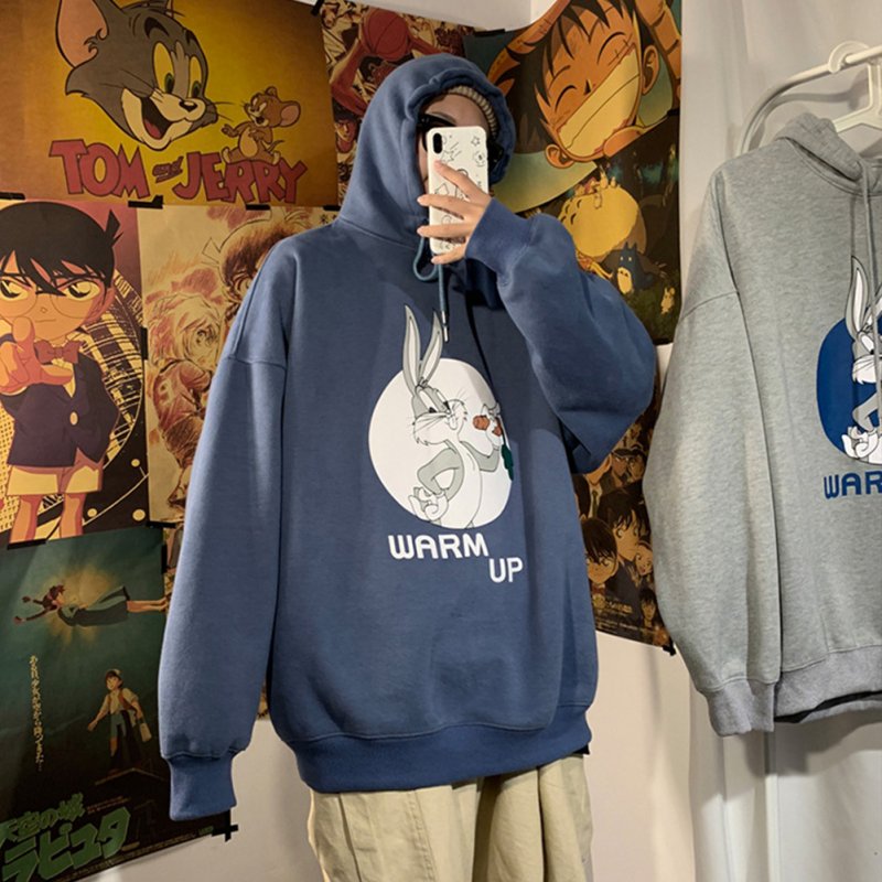 Men Women Hoodie Sweatshirt Cartoon Rabbit Printing Fashion Loose Pullover Casual Tops Blue_XXL