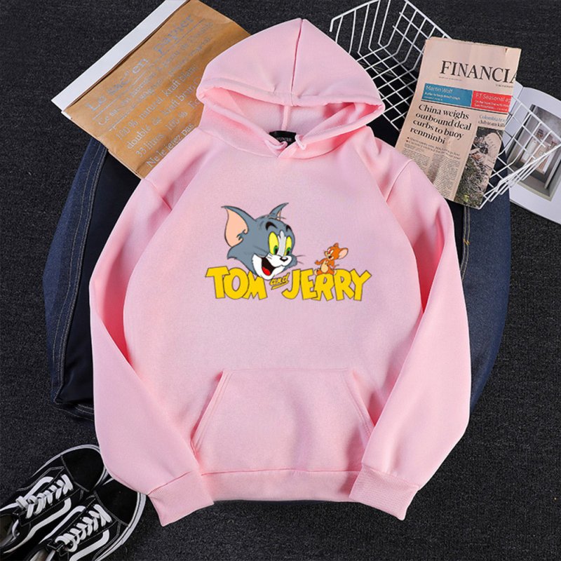Men Women Hoodie Sweatshirt Tom and Jerry Thicken Velvet Loose Autumn Winter Pullover Tops Pink_XXL
