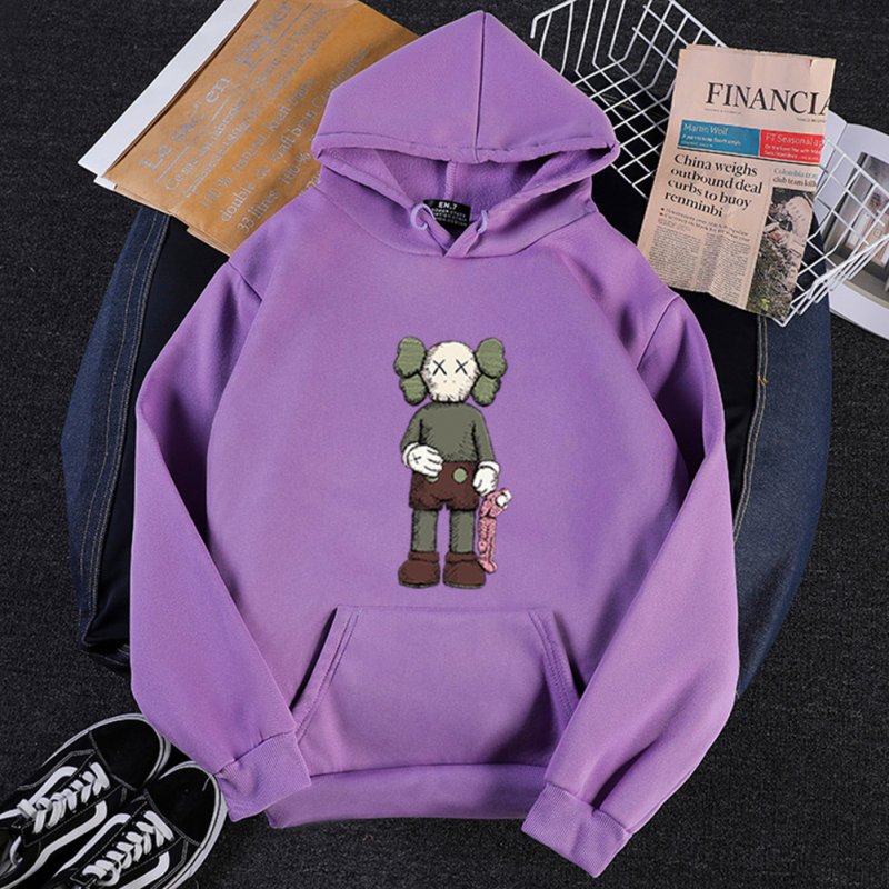 Men Women Hoodie Sweatshirt KAWS Cartoon Standing Doll Thicken Autumn Winter Loose Pullover Purple_XL