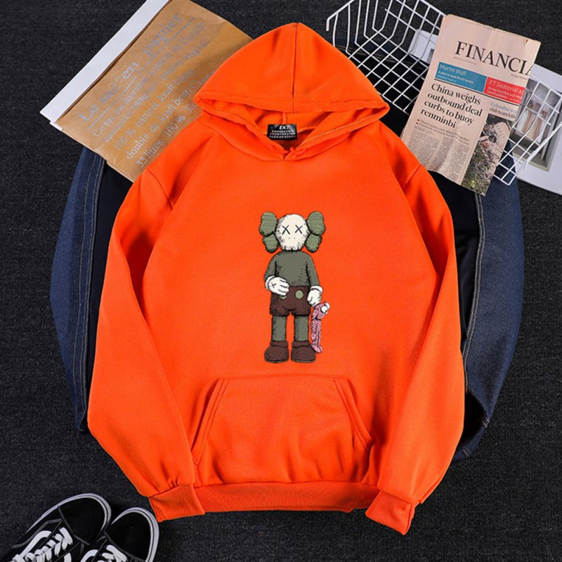 Men Women Hoodie Sweatshirt KAWS Cartoon Standing Doll Thicken Autumn Winter Loose Pullover Orange_L