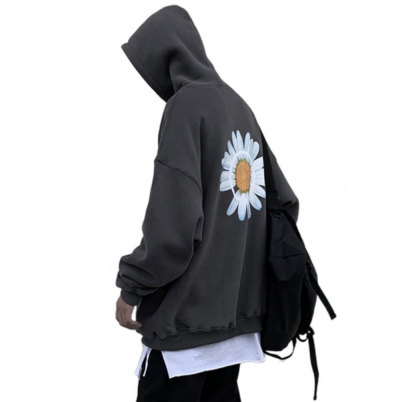 Men Women Hoodie Sweatshirt Chrysanthemum Printing Simple Unisex Pullover Tops Dark gray_L