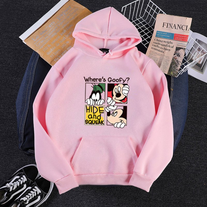 Men Women Hoodie Sweatshirt Cartoon Micky Mouse Thicken Autumn Winter Loose Pullover Pink_L