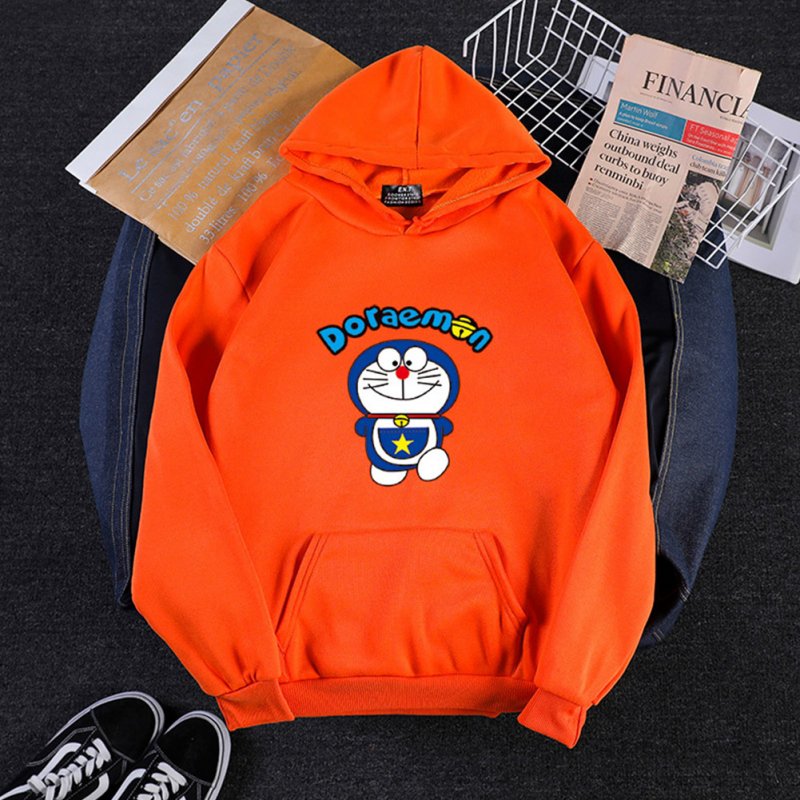 Men Women Hoodie Sweatshirt Cartoon Doraemon Thicken Loose Autumn Winter Pullover Tops Orange_M