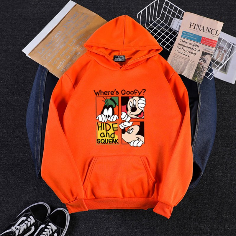Men Women Hoodie Sweatshirt Cartoon Micky Mouse Thicken Autumn Winter Loose Pullover Orange_XXXL