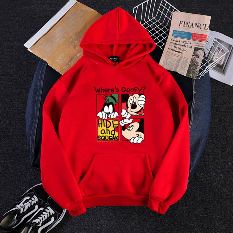 Men Women Hoodie Sweatshirt Micky Mouse Cartoon Thicken Autumn Winter Loose Pullover Red_XXXL