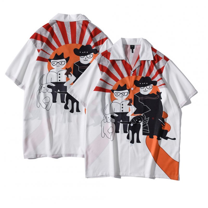 Men Women Short Sleeve Shirts Button Up Lapel Collar Vintage Hong Kong Style Loose Beach Tops CK02 2XL