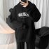 Men Women Spring Autumn Loose Letter Printing Hooded Sweatshirt Black 372 XL