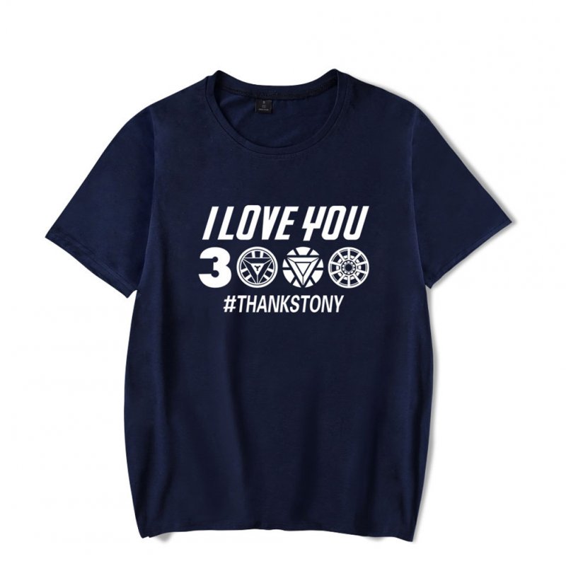 Men Women Summer I Love You 3000 Letters Printed Casual Round Collar Fashion T-shirt B navy blue_XXL