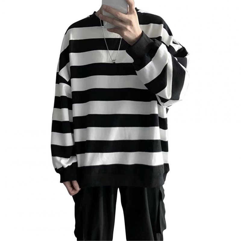 Men Women Sweatshirt Crew Neck Combined Color Stripe Loose Long Sleeve T-shirt Pullover Tops Black_L