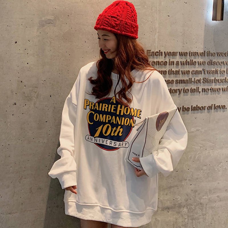 Men Women Sweatshirt Harajuku Style Printing Letter Crew Neck Loose Couple Pullover Tops White_M