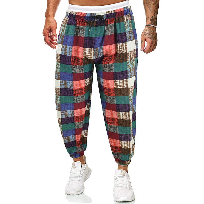 Men Yoga Pants Fashion Contrast Color Middle Waist Trousers Casual Cotton Linen Loose Large Size Pants red M