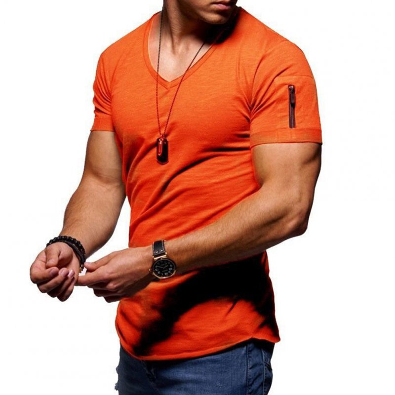 Men Youth Solid Color V Collar Elastic Short Sleeve T Shirt Orange_XXL