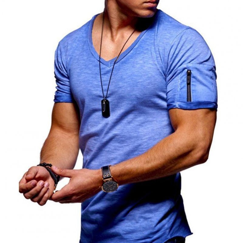 Men Youth Solid Color V Collar Elastic Short Sleeve T Shirt blue_XXL