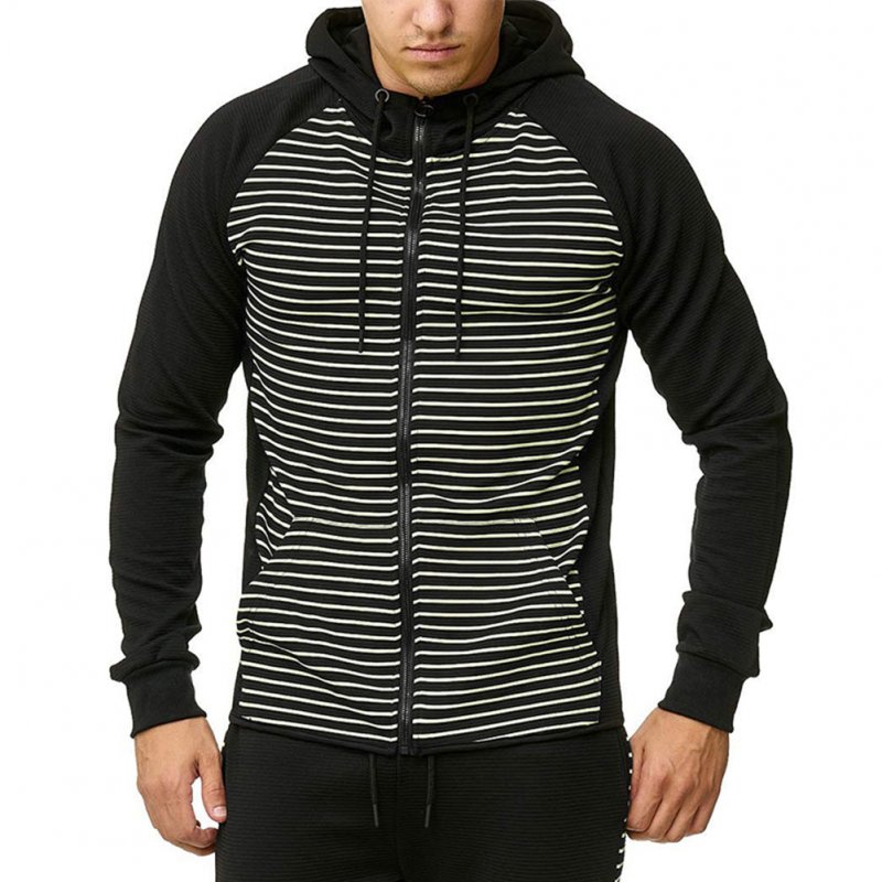 Men Zipper Sweatshirt Coat Spring Autumn Stripes Hooded Zipper Cardigan White strip_XL